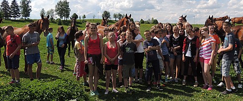 Uczestnicy Zielonej Szkoły z naszymi końmi na pastwisku